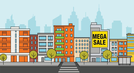 Mega sale city buildings cityscape urban cartoon illustration