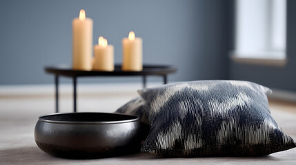 Cozy interior with burning candles, decorative pillow and bowl in calm home atmosphere