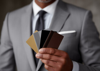 Businessman in gray suit holding multiple luxury credit cards