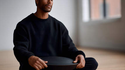Man sitting cross-legged holding black handpan drum in bright room