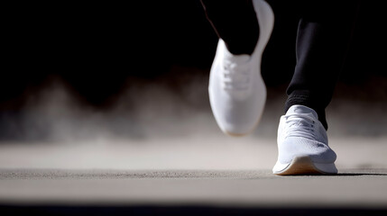 Close-up of white running shoes in motion on asphalt road