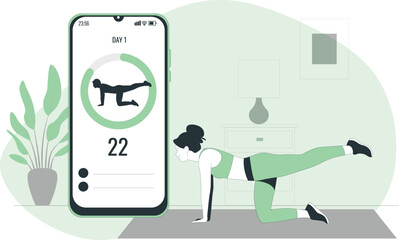 Woman doing a leg exercise at home following a fitness app on her phone workout home workout