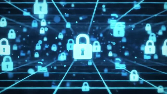 Digital network of glowing blue padlocks with connecting lines