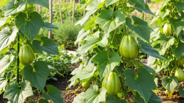 Closeup of chayote plants growing with visible fruits  lush green leaves Other plants appear blurry in the background