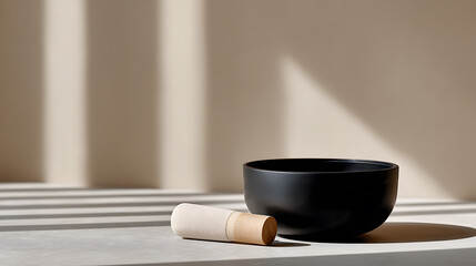 Black bowl and wooden mallet in warm sunlight on minimal beige surface