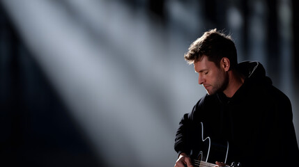 Man playing guitar in dramatic lighting with dark moody background