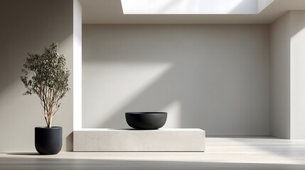 Minimal interior with black bowl and potted tree in sunlight through skylight