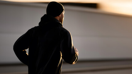 Runner in black hoodie and beanie jogging outdoors at sunrise