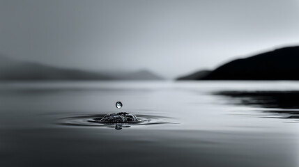 Single water drop splash on calm lake surface in monochrome minimal scene