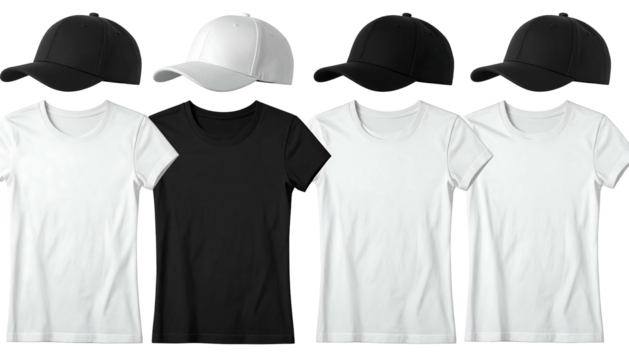 Array of four tees (3 white, 1 black) paired with baseball caps (3 black, 1 white) on a white background