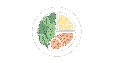 A minimalist illustration of a perfectly portioned plate for a healthy lifestyle, featuring lean chicken, fresh spinach, and wholesome grains