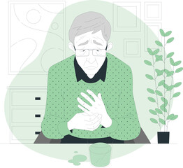 Elderly Man Looking Sad with Hands Clasped and Spilled Drink unhappy depressed