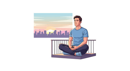 A man in lotus pose meditating on a balcony overlooking a city skyline at sunrise, promoting wellness and mindfulness