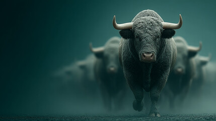 Powerful bull herd charging in the mist.