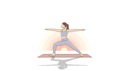 Yoga pose illustration Woman in Warrior II pose with a sun setting in the background