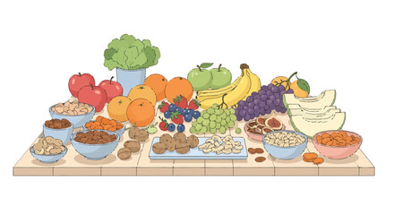 Vibrant illustration of fresh fruits, nuts, and vegetables, promoting a balanced and healthy diet for natural wellness and nutritious living on a wooden table
