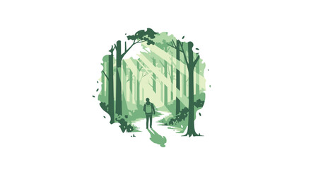 Stylized vector graphic of a person walking through a sun-drenched green forest, symbolizing a peaceful escape and a personal journey