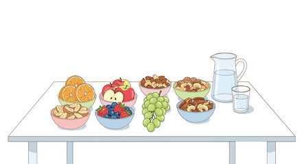 A colorful and nutritious table spread showcasing fresh fruits, wholesome nuts, and refreshing water, perfect for a balanced breakfast or healthy snack selection