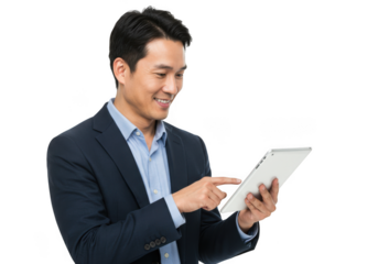 Asian businessman smiling while using a white tablet computer with his finger transparent background