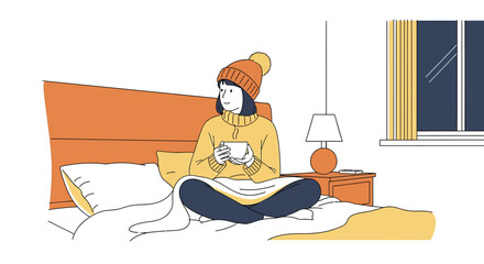 Cozy illustration of a person wrapped in a blanket, sitting on a bed with a warm drink on a cold night