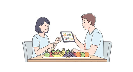 A happy couple using a digital tablet app for smart nutritional planning, sitting together at a table full of fresh healthy fruits
