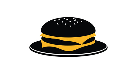 A simple black and yellow illustration of a classic hamburger on a plate