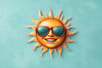 Cheerful Cartoon Sun Wearing Sunglasses with a Bright Smile Over a Light Blue Background