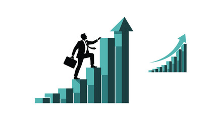 A businessman climbing a bar graph representing success and growth