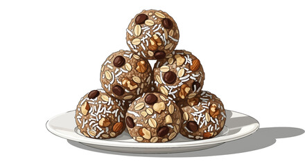 Nutritious and delicious homemade energy bites with oats, chocolate chips, and shredded coconut, stacked on a white plate for a healthy snack or quick breakfast boost