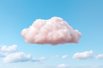 Soft Pink Cloud Floating in Bright Blue Sky with Fluffy White Clouds Below