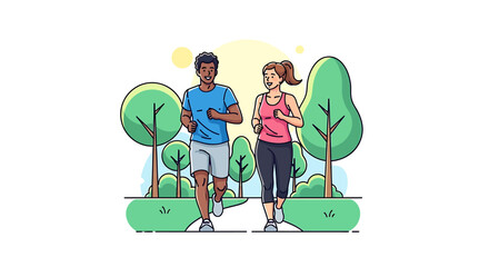 Healthy Couple Enjoying a Morning Jog in a Sunny Park Surrounded by Lush Green Trees and Plants
