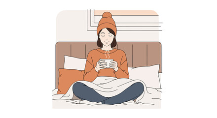 Charming woman enjoying cozy morning in bed with warm drink in winter