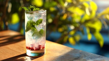 Refreshing drink with ice, mint, and berries sits on a wooden table.