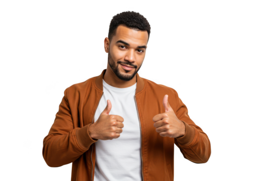 Man giving two thumbs up positive gesture confident young adult in casual outfit transparent background - Powered by Adobe