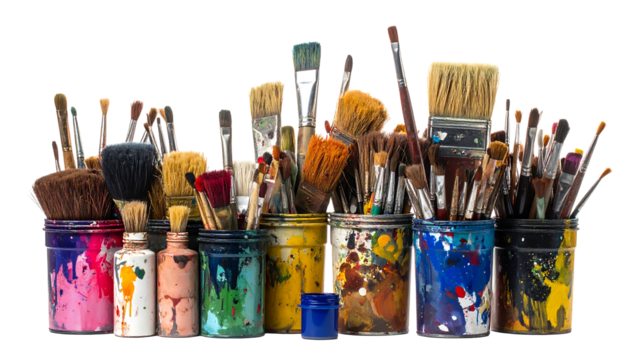 Colorful paintbrushes fill various paint-splattered containers in a horizontal row against a transparent background