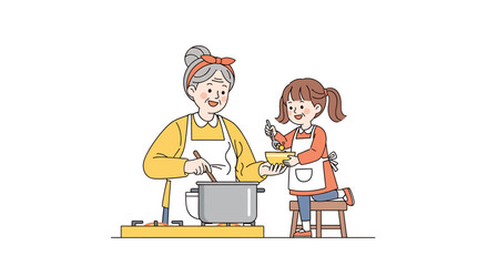 Grandma and Granddaughter Cooking Together Illustration