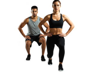 Fit couple engaged in dynamic lunges exercising together for health and wellness transparent background
