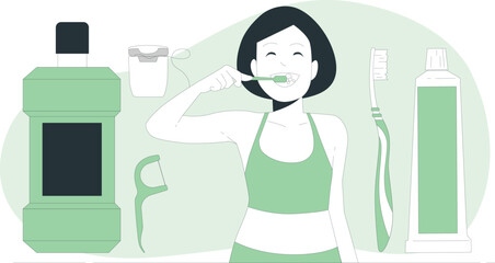 Obraz premium Woman brushing teeth with dental hygiene products including mouthwash toothpaste toothbrush and floss
