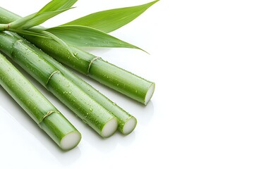 Fresh Green Bamboo Stems with Water Drops and Leaves on White Background