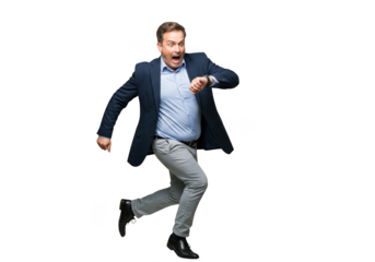 Man in blue shirt and jacket running with determination and looking at watch transparent background