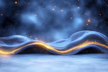 Ethereal Blue Waves with Golden Glimmers and Cosmic Background in Dreamy Atmosphere