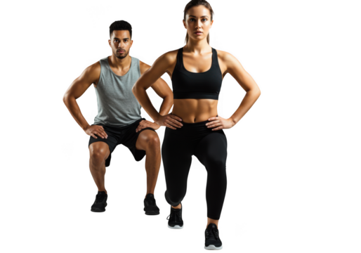 Fit couple engaged in dynamic lunges exercising together for health and wellness transparent background