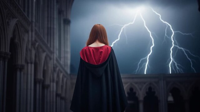 Red hair woman dark cloak watches stormy lightning strike over gothic courtyard cathedral rooftop, dramatic moody atmosphere and tense powerful