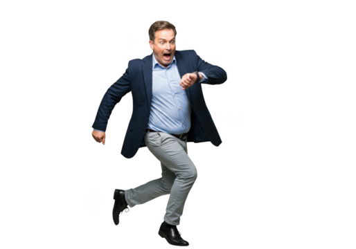 Man in blue shirt and jacket running with determination and looking at watch transparent background