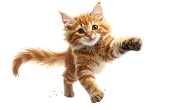 Adorable orange tabby kitten mid-leap with an eager expression against a black background