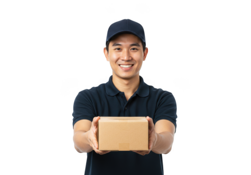 Smiling delivery person offering package ready for shipping and logistics transparent background