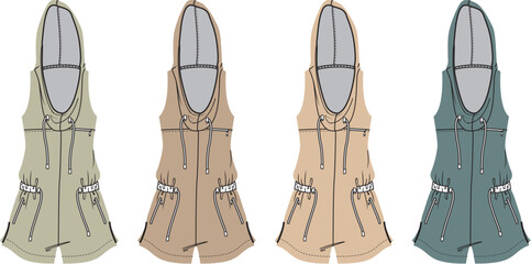 Four different color options of a sleeveless hooded vest with pockets and drawstrings for women's fashion