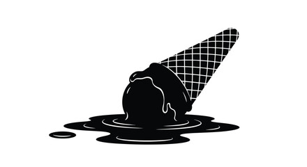 A melting black ice cream cone with drips and a waffle pattern