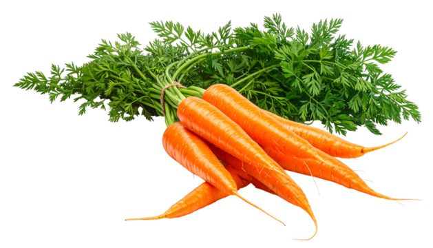 Bunch of vibrant orange carrots tied together with leafy green tops, on a black background