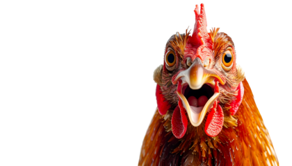 Close-up of a chicken with its mouth wide open, red comb, and surprised expression against a stark black background